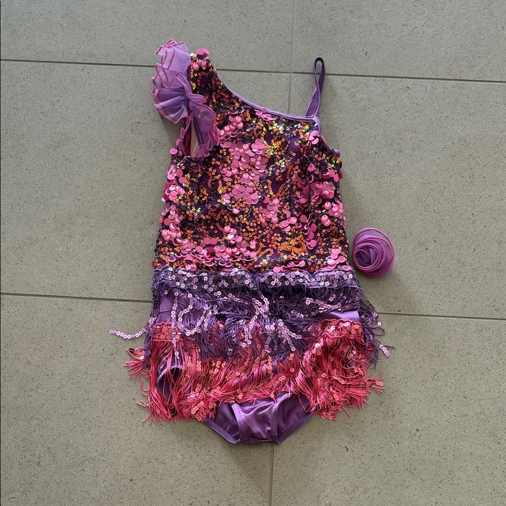 Gorgeous pink and purple weissman ballroom costume with hair clip